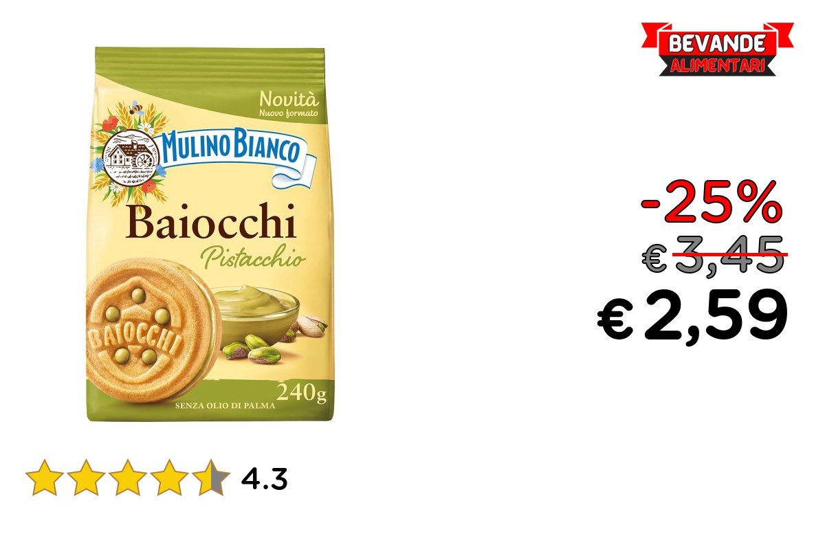 Mulino Bianco Biscotti Baiocchi al Pistacchio, 25% Off Deal