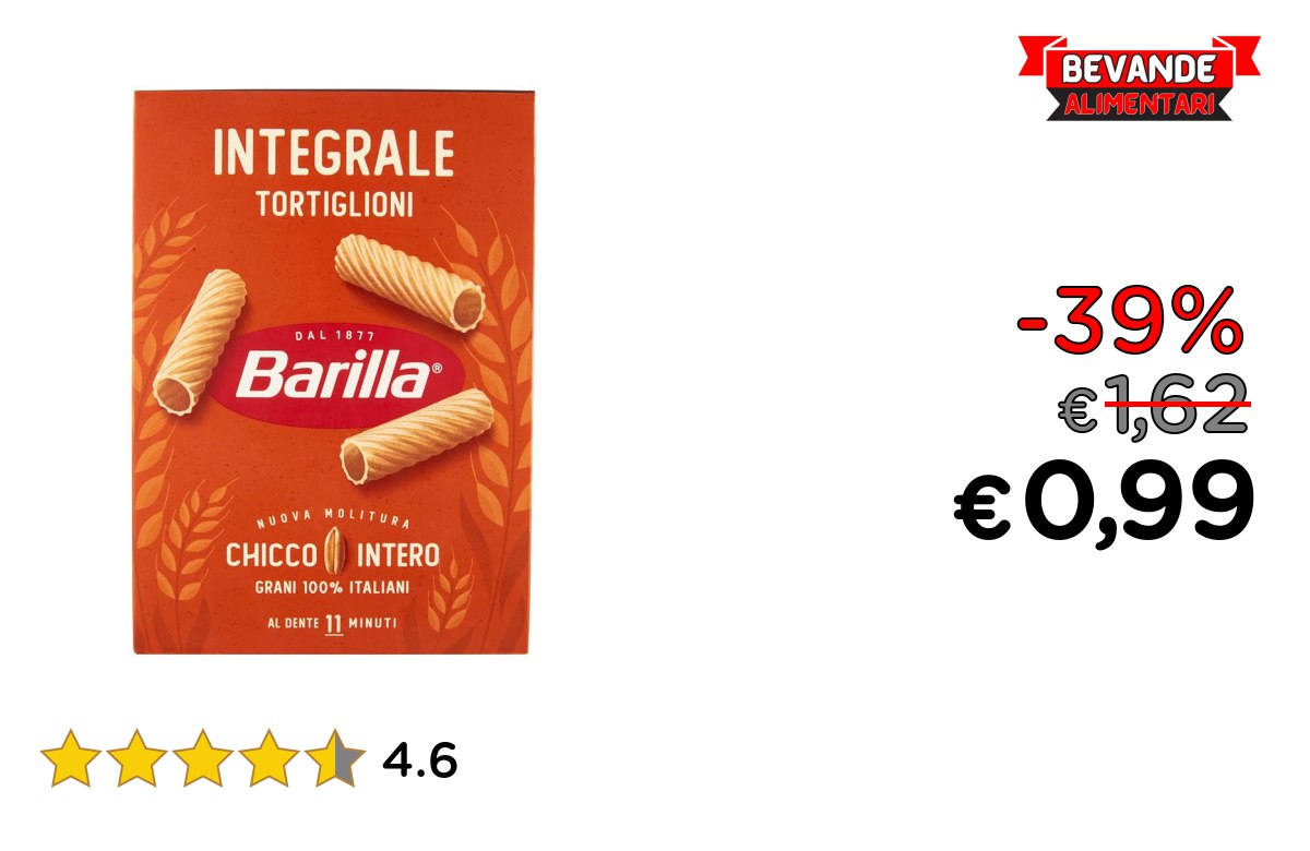 Barilla Pasta Tortiglioni Integrali: fino al 39% di sconto